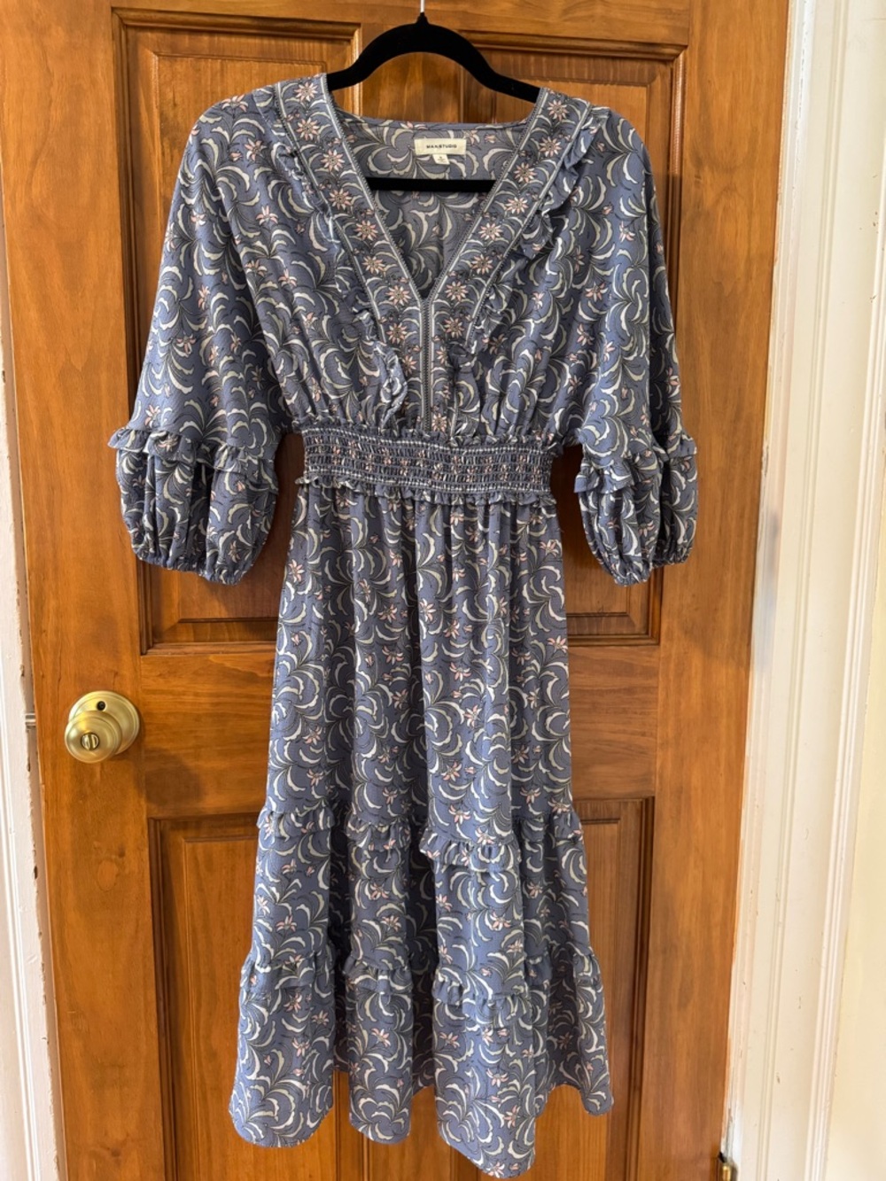 Max Studio Blue Floral Smocked-Waist Midi Dress